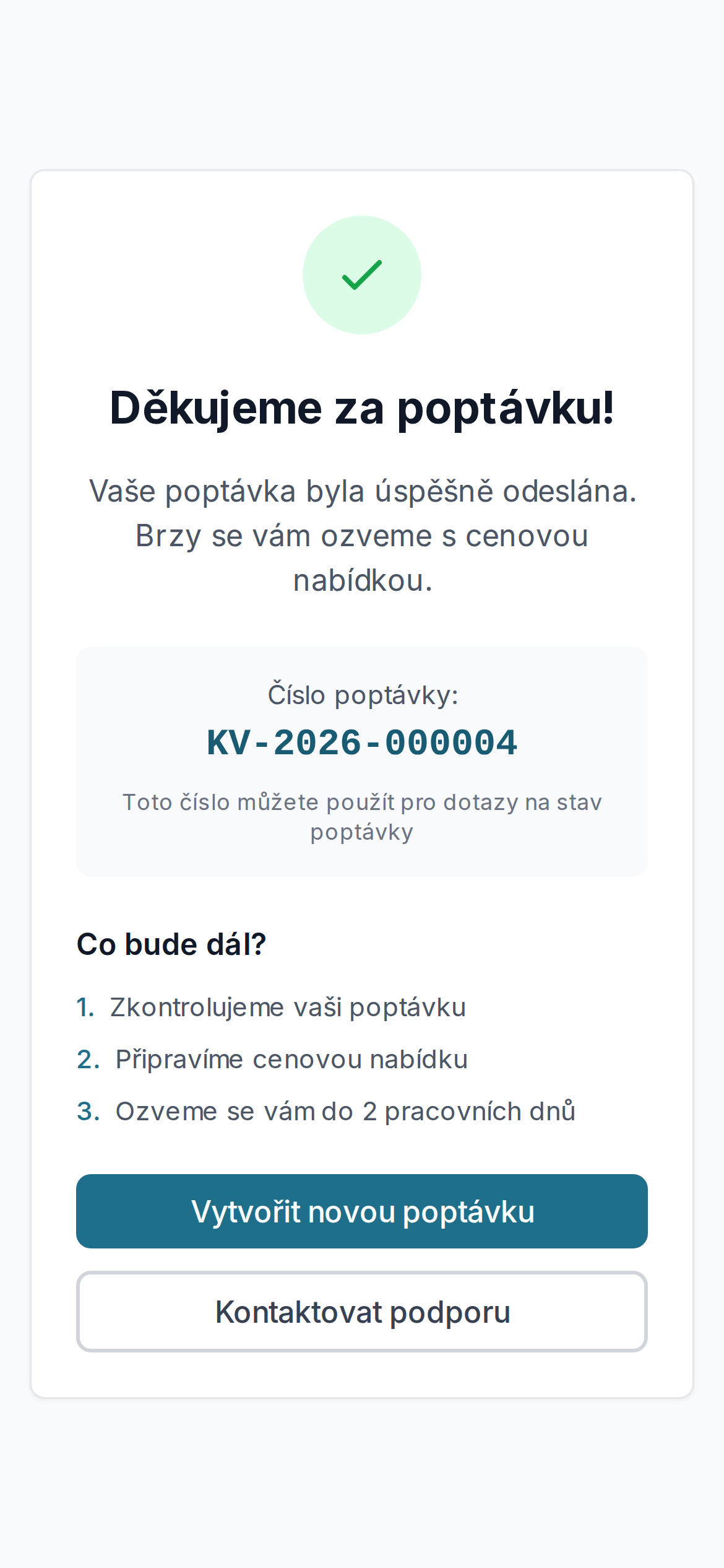 Potvrzení po odeslání poptávky s číslem poptávky.